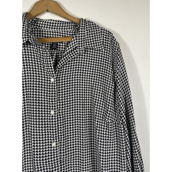 Chaps Ralph Lauren Top Size 1X Houndstooth Blouse Button Up Satin-y Old Money - Picture 3 of 11